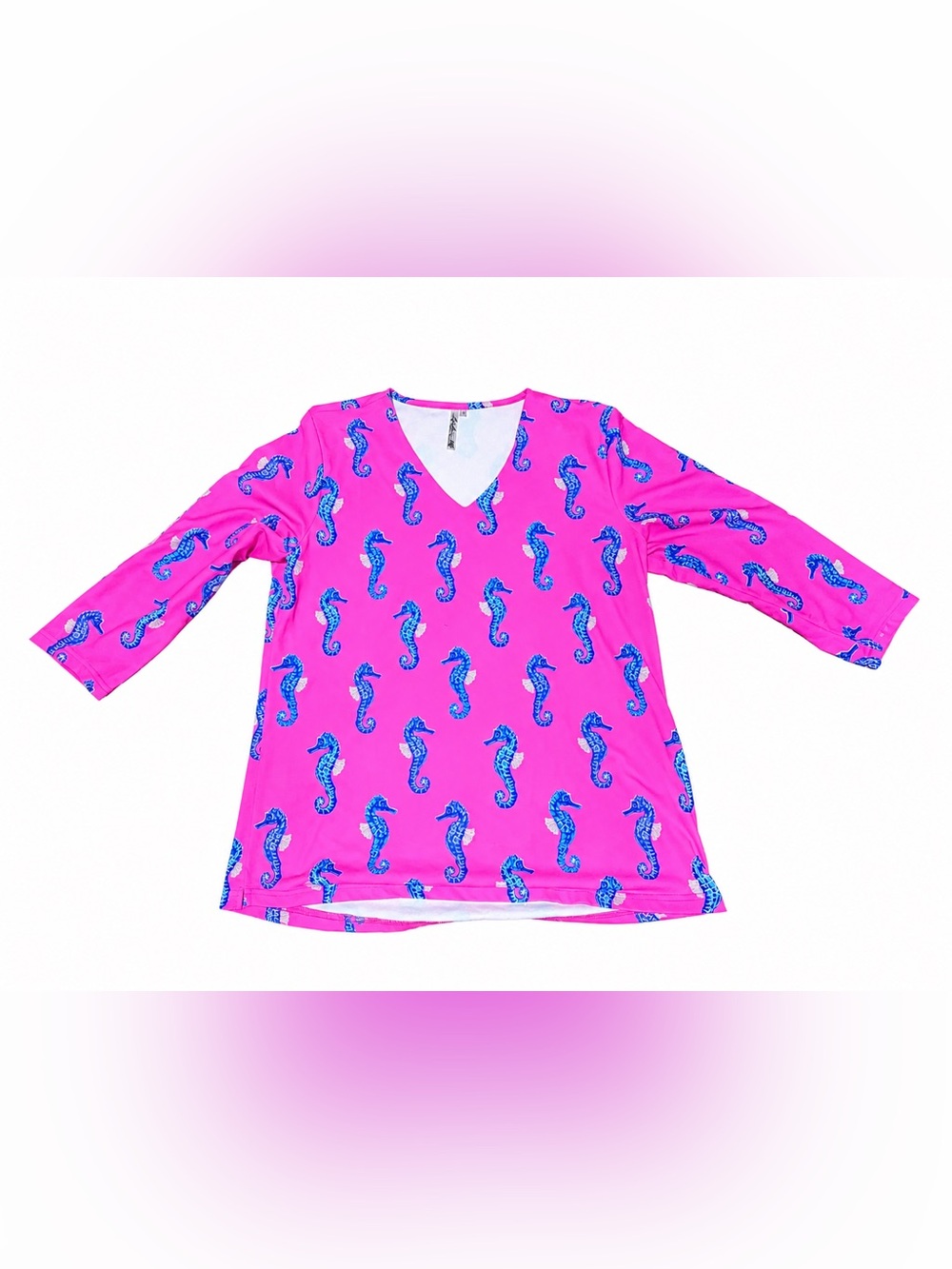 BNWOT LULA B Hot Pink Trim Blue Accent Top with Seahorses - super soft SFH - Picture 2 of 4